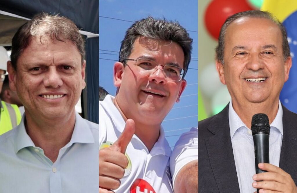 Os governadores de São Paulo, Tarcísio de Freitas (esq.); do Piauí, Rafael Fonteles (centro); e de Santa Catarina, Jorginho Mello | dir. | Reprodução