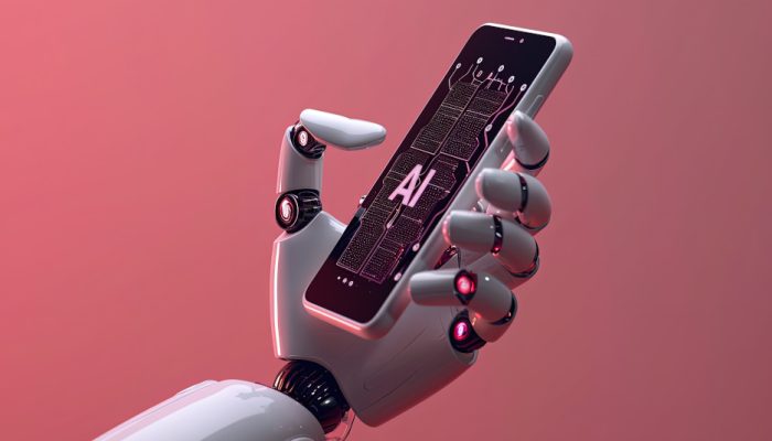 Robotic hand holding a smartphone with AI circuitry visualization on pink background.