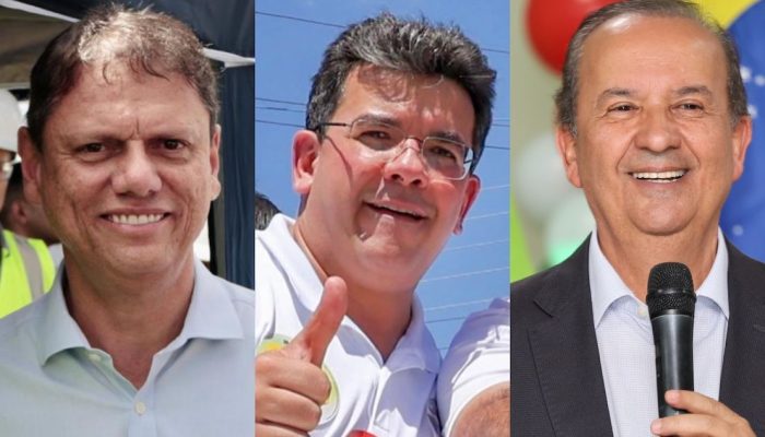 Os governadores de São Paulo, Tarcísio de Freitas (esq.); do Piauí, Rafael Fonteles (centro); e de Santa Catarina, Jorginho Mello | dir. | Reprodução